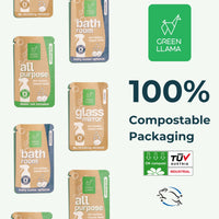 Green Llama displays its eco-friendly cleaning product refills with 100% compostable packaging.
