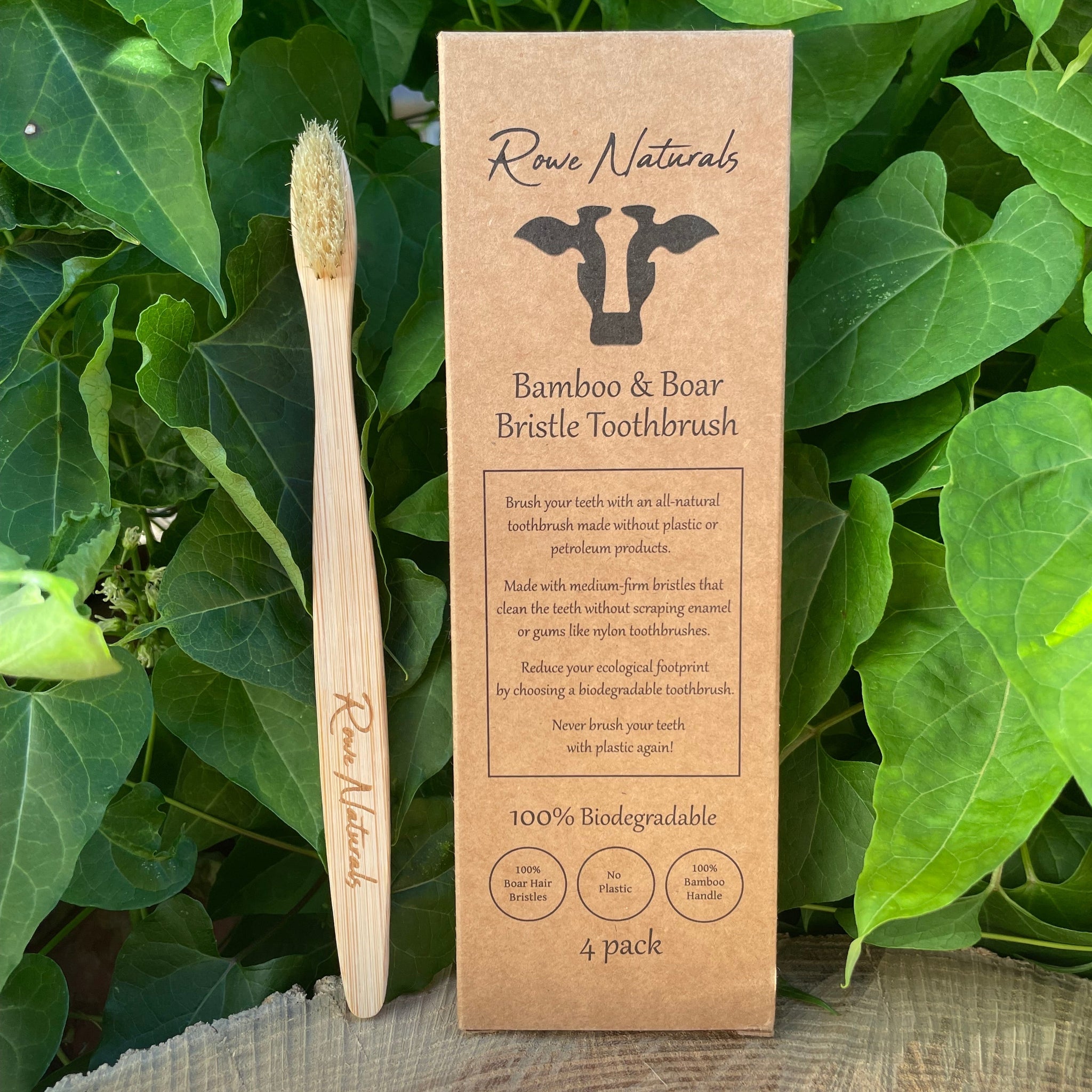 Showcase Rowe Naturals' eco-friendly bamboo and boar bristle toothbrush, highlighting its biodegradable packaging and commitment to plastic-free oral hygiene.