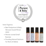 Irene Organics showcases its award-winning natural skincare line for moms and babies, featuring Sleepytime, Anti-Nausea, Happy Time, and Cough+Cold roll-ons.
