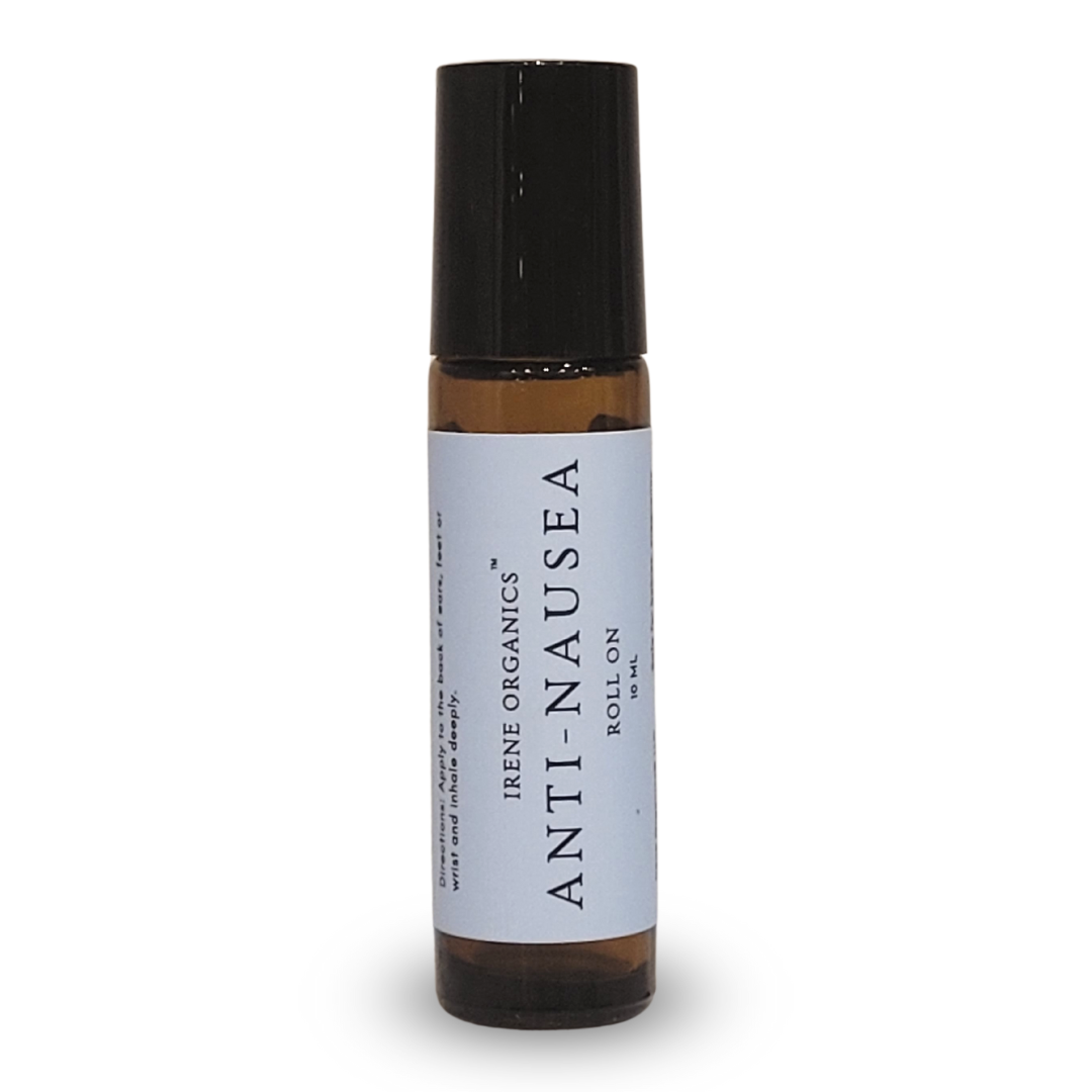 Irene Organics Anti-Nausea aromatherapy roll-on offers natural relief with its essential oil blend.
