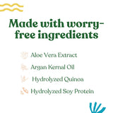 The graphic lists worry-free ingredients including aloe vera extract, argan kernel oil, hydrolyzed quinoa, and hydrolyzed soy protein.
