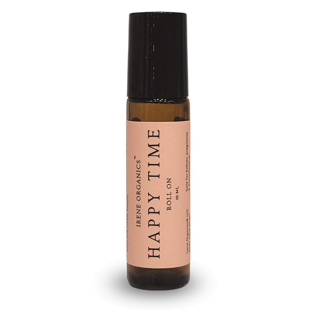 Irene Organics Happy Time roll-on aromatherapy bottle sits upright, promising a calming experience.
