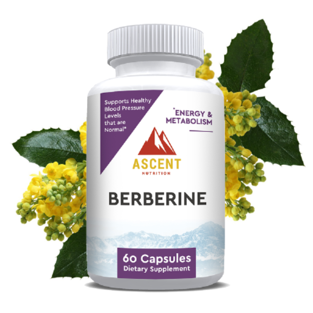 Ascent Nutrition's Berberine dietary supplement bottle promises energy and metabolism support alongside healthy blood pressure levels.
