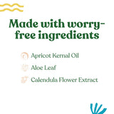 Advertisement lists worry-free ingredients like apricot kernel oil, aloe leaf, and calendula flower extract.
