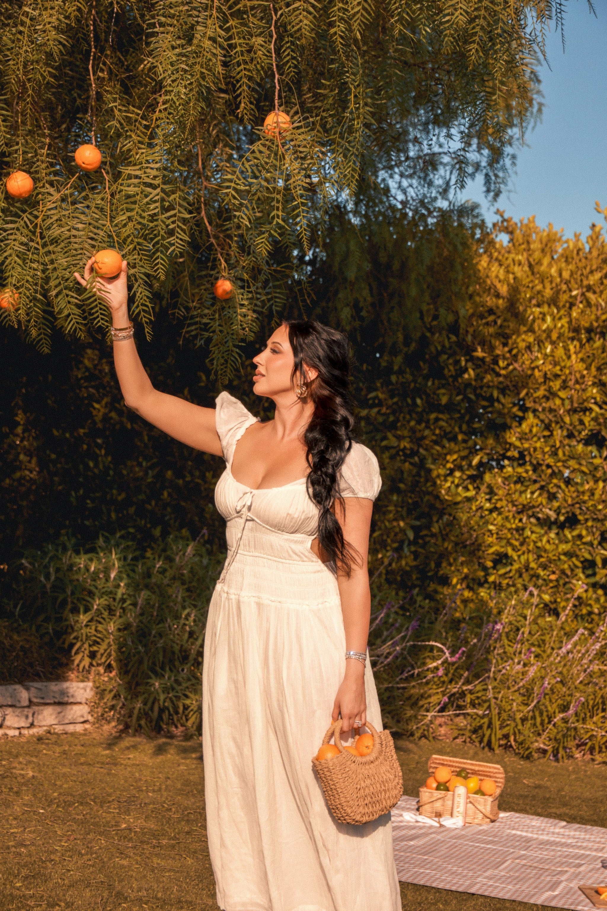 A woman in a white dress picks fresh oranges from a tree during a summer picnic in a sun-drenched orchard.