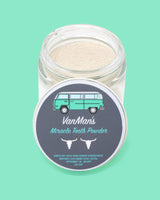 View shows VanMan's Miracle Tooth Powder in an open jar, featuring a retro van illustration.
