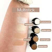 An arm displays swatches of Frosted Pearls, Golden Glow, Sunrise Glow, and Sunset Kiss multistick makeup products.
