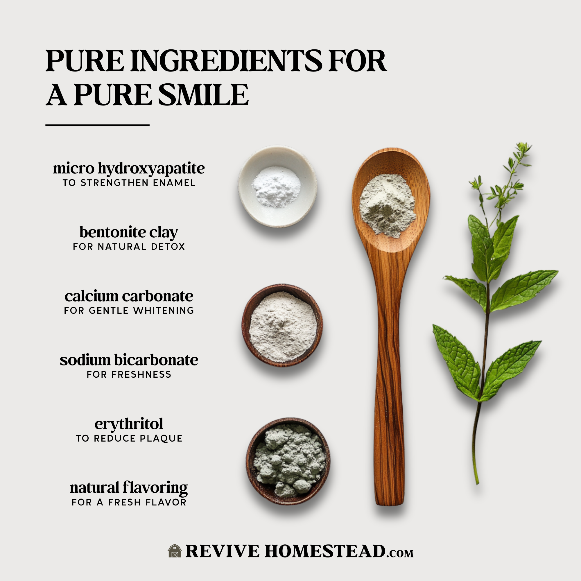 Revive Homestead advertises natural toothpaste ingredients, including micro hydroxyapatite, bentonite clay, calcium carbonate, sodium bicarbonate, erythritol, and natural flavoring, shown alongside mint sprigs.

