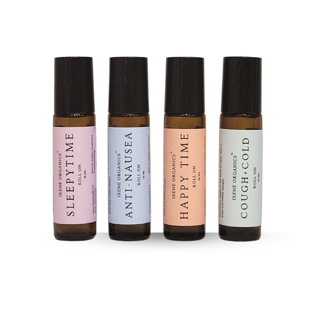 Irene Organics displays aromatherapy rollerballs for sleep, nausea, happiness, and cough/cold remedies.
