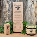 Showcasing Rowe Naturals' plastic-free dental products, including bamboo toothbrushes, silk floss, and remineralizing tooth powder, arranged with fresh mint sprigs against a wood backdrop.
