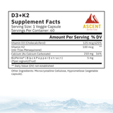 Ascent Nutrition's D3+K2 supplement facts label details vitamin D3, vitamin K2, calcium, and BioPerine black pepper extract amounts per veggie capsule serving.
