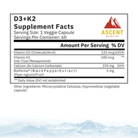 Ascent Nutrition's D3+K2 supplement facts label details vitamin D3, vitamin K2, calcium, and BioPerine black pepper extract amounts per veggie capsule serving.
