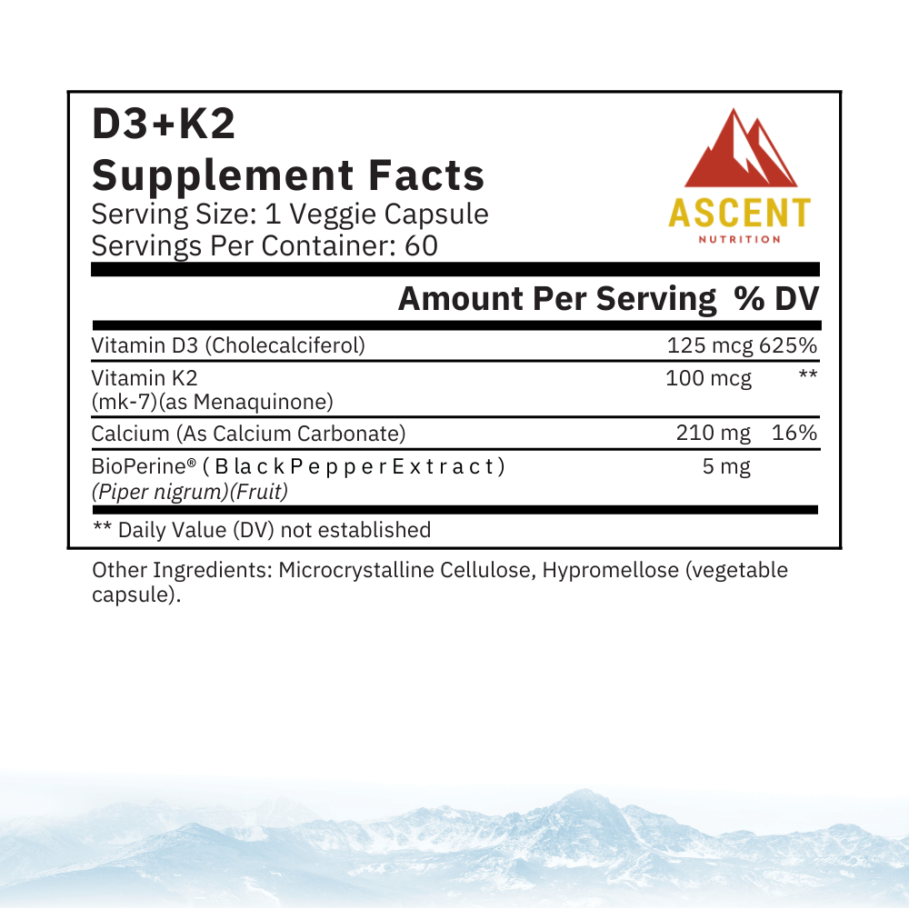 Ascent Nutrition's D3+K2 supplement facts label details vitamin D3, vitamin K2, calcium, and BioPerine black pepper extract amounts per veggie capsule serving.
