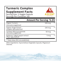 Review the Ascent Nutrition Turmeric Complex supplement facts label, detailing organic turmeric, ginger, and BioPerine ingredients.

