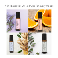 Aromatherapy set showcases Irene Organics essential oil roll-ons for sleep, happiness, nausea relief, and cough and cold support, displayed with lavender, oranges, ginger, and eucalyptus.
