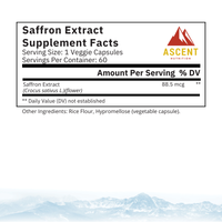 Review the supplement facts for Ascent Nutrition's saffron extract capsules, detailing the serving size, amount per serving, and other ingredients.
