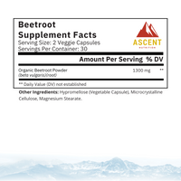Read the Ascent Nutrition Beetroot supplement facts label showing organic beetroot powder at 1300mg per serving.
