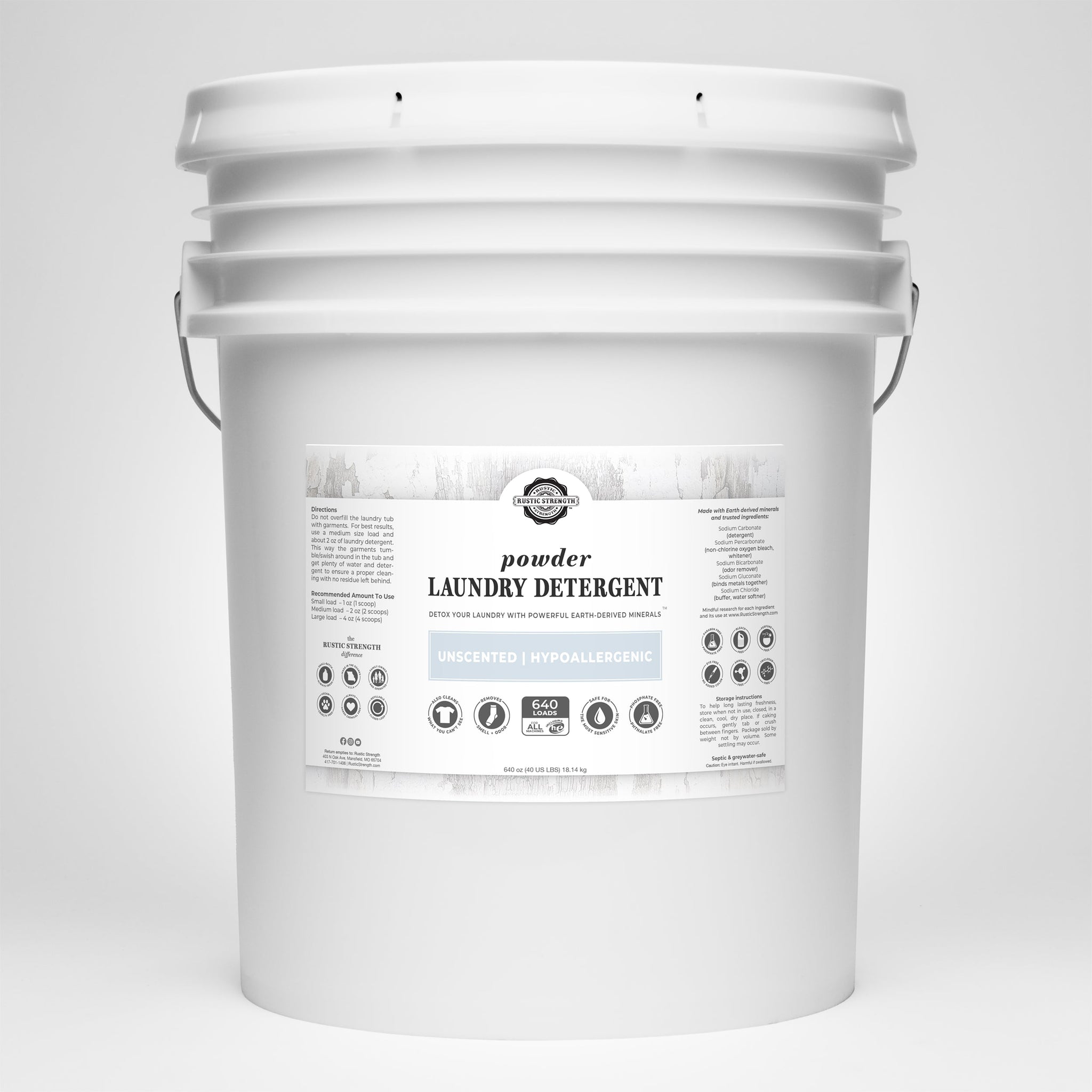 See a large bucket of Rustic Strength powder laundry detergent, unscented and hypoallergenic, offering 640 loads of earth-derived cleaning power.
