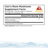 Ascent Nutrition presents Lion's Mane mushroom supplement facts, highlighting organic ingredients and a 2g serving size.

