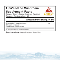 Ascent Nutrition presents Lion's Mane mushroom supplement facts, highlighting organic ingredients and a 2g serving size.
