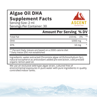 Ascent Nutrition presents Algae Oil DHA supplement facts, highlighting DHA and EPA content sourced from water-extracted Chromista algae.
