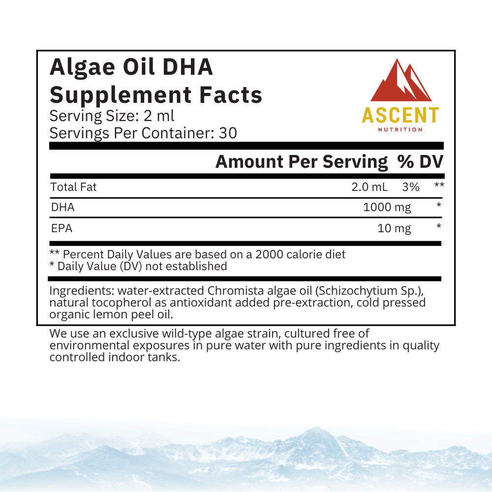 Ascent Nutrition presents Algae Oil DHA supplement facts, highlighting DHA and EPA content sourced from water-extracted Chromista algae.
