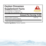 Ascent Nutrition displays Ceylon Cinnamon supplement facts, highlighting organic Ceylon Cinnamon's 1200mg serving.
