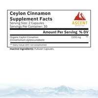 Ascent Nutrition displays Ceylon Cinnamon supplement facts, highlighting organic Ceylon Cinnamon's 1200mg serving.
