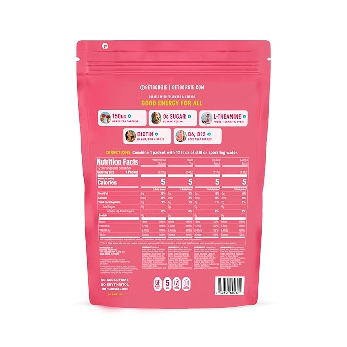 Examine the nutrition facts and ingredients printed on a pink Get Gorgie energy drink mix packet touting zero sugar, biotin, B6 and B12 vitamins, L-Theanine, and 150mg of green tea caffeine.

