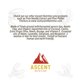 Ascent Nutrition promotes their pine-based products like pine needle extract and spruce tip hair wash with a mountain logo and earth-friendly ingredients.
