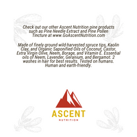 Ascent Nutrition promotes their pine-based products like pine needle extract and spruce tip hair wash with a mountain logo and earth-friendly ingredients.

