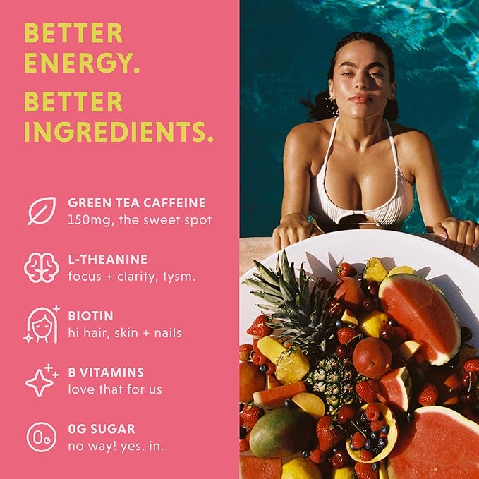 A woman in a pool holds a platter of fruit beside an advertisement for a health and wellness supplement featuring green tea caffeine, L-theanine, biotin, B vitamins, and zero sugar.
