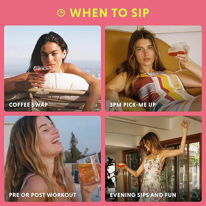 Collage shows diverse women enjoying cocktails and drinks at different times of day: coffee swap, 3pm pick-me-up, pre/post workout, and evening fun.
