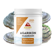 Ascent Nutrition promotes their Agarikon mushroom mycelium powder dietary supplement, showcasing immune and respiratory support.
