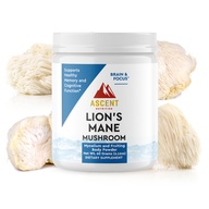 Ascent Nutrition promotes their Lion's Mane mushroom powder supplement for brain health, displayed with surrounding fresh Lion's Mane mushrooms.
