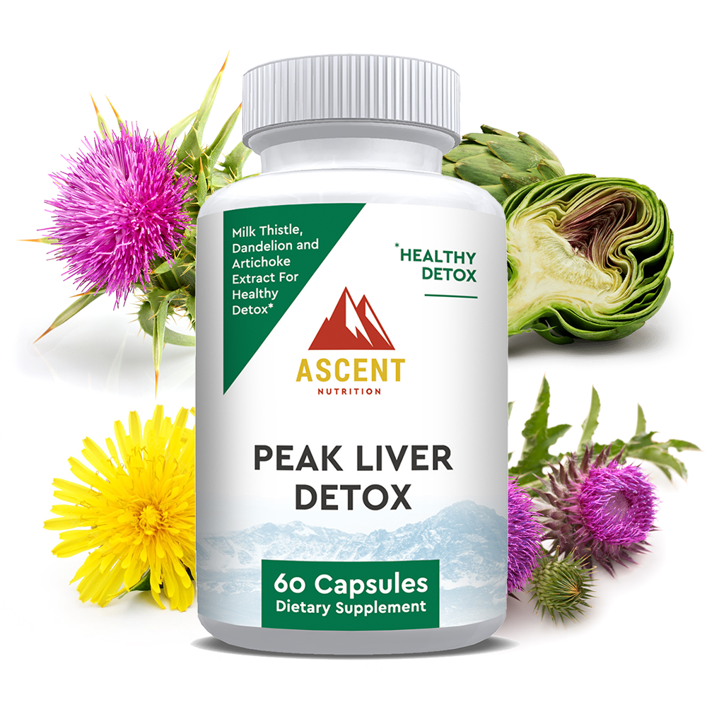 Ascent Nutrition promotes Peak Liver Detox capsules, featuring milk thistle, dandelion, and artichoke extracts for a healthy detox.
