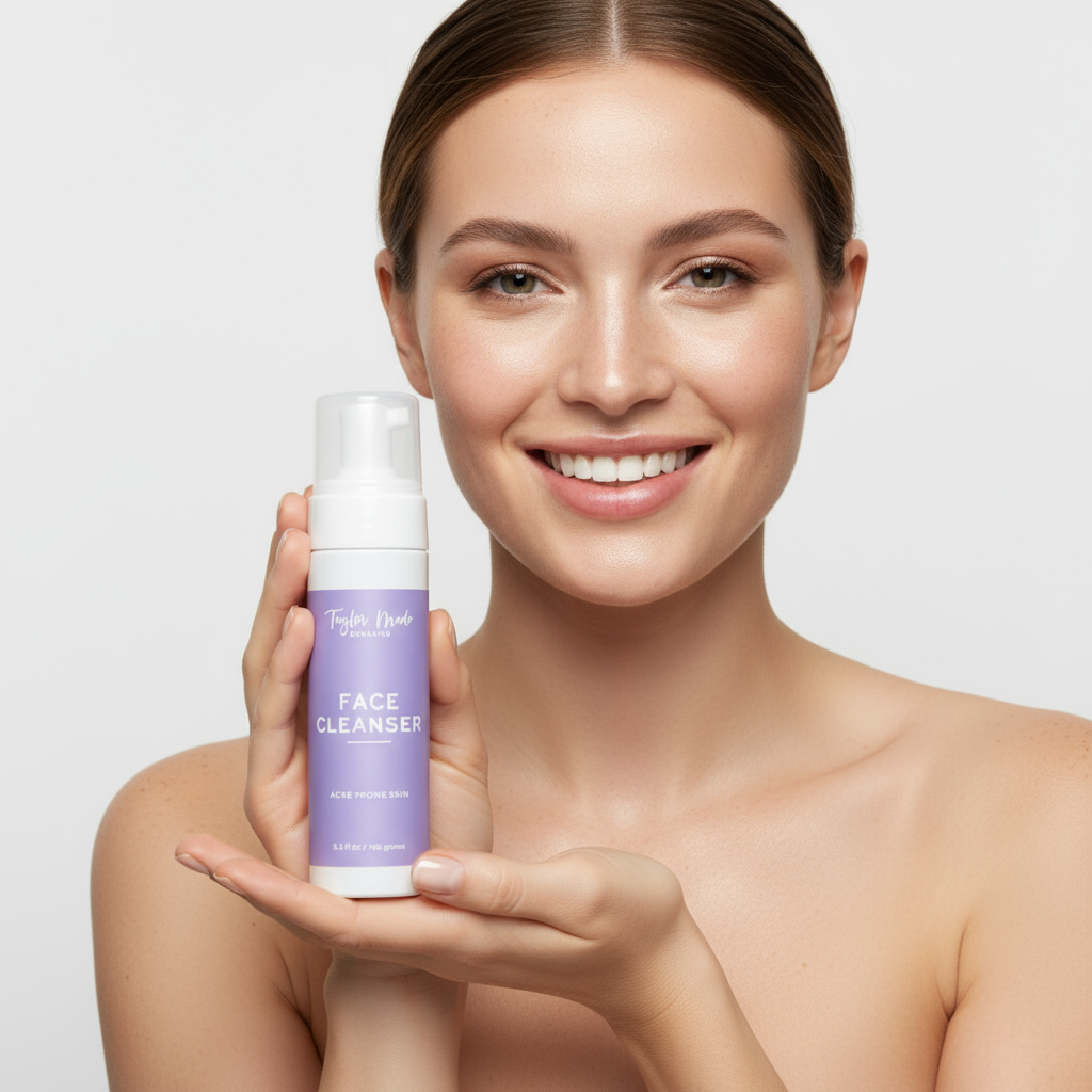 A smiling woman presents Taylor Made face cleanser designed for acne-prone skin.
