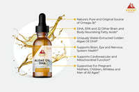 Ascent Nutrition promotes its Algae Oil DHA supplement with informational text highlighting Omega-3s, DHA, EPA, and benefits for brain, eye, nervous system, cardiovascular, and mitochondrial function.
