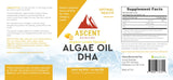 Ascent Nutrition's packaging promotes their organic lemon-flavored algae oil DHA dietary supplement, highlighting its omega-3 benefits and clean, water-extracted ingredients.

