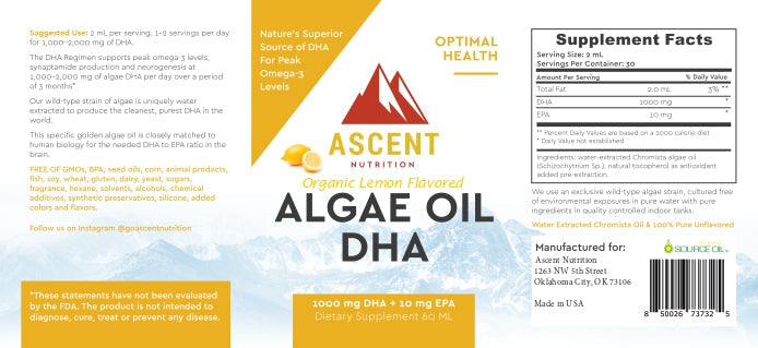 Ascent Nutrition's packaging promotes their organic lemon-flavored algae oil DHA dietary supplement, highlighting its omega-3 benefits and clean, water-extracted ingredients.

