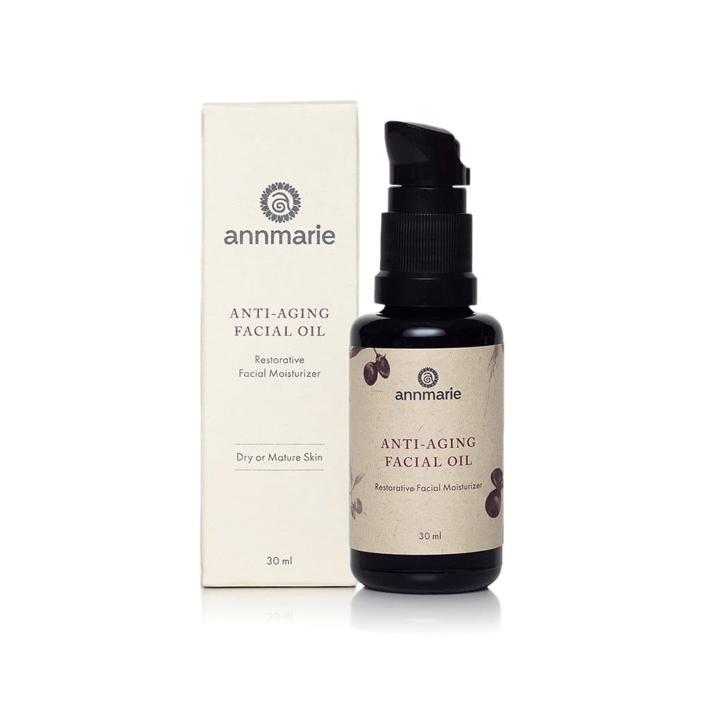 Annmarie anti-aging facial oil bottle and box promise restorative moisturizing for dry or mature skin.
