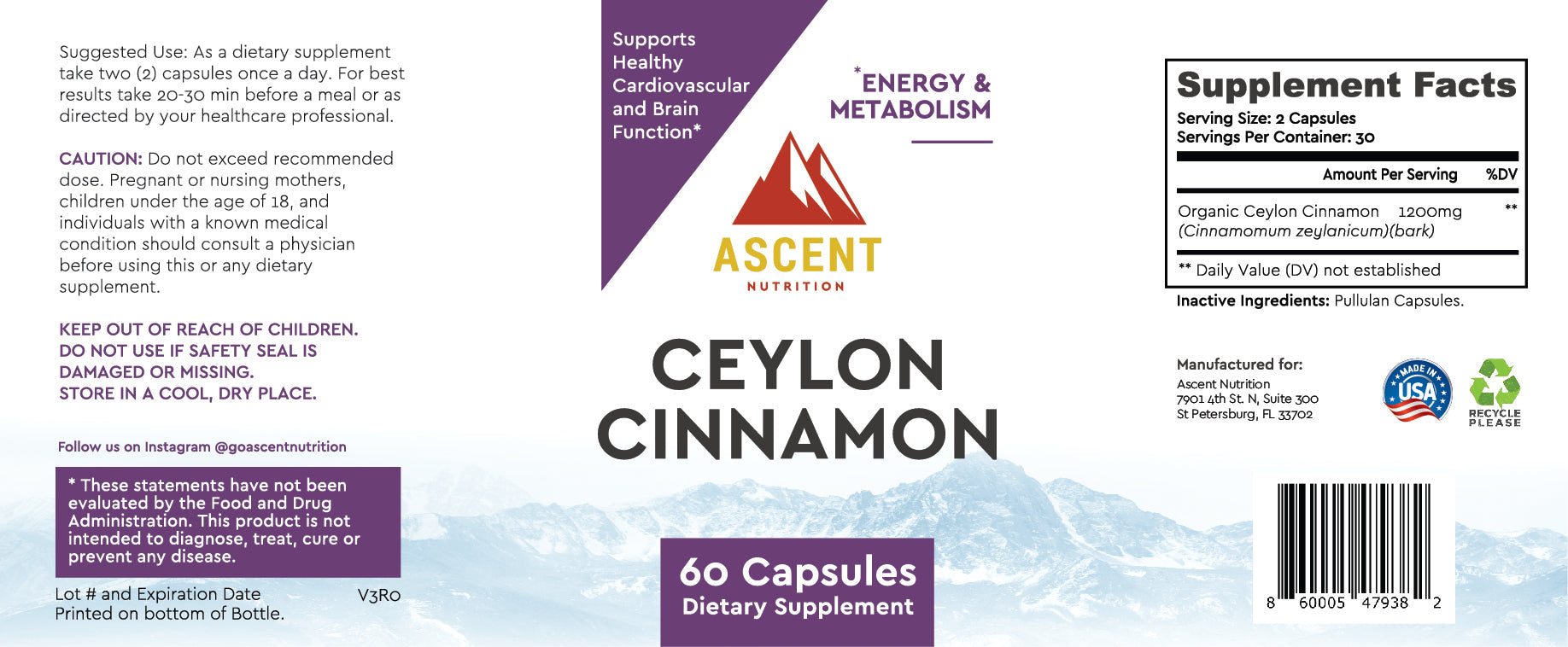 Ascent Nutrition promotes its Ceylon cinnamon dietary supplement, which supports healthy cardiovascular and brain function and provides energy and metabolism benefits, as detailed on the product label.
