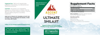 Ascent Nutrition promotes their Ultimate Shilajit supplement, highlighting its natural Fulvic and Humic Acid source, electrolyte balance, energy support, gut health benefits, and displaying supplement facts with capsule count and ingredients.
