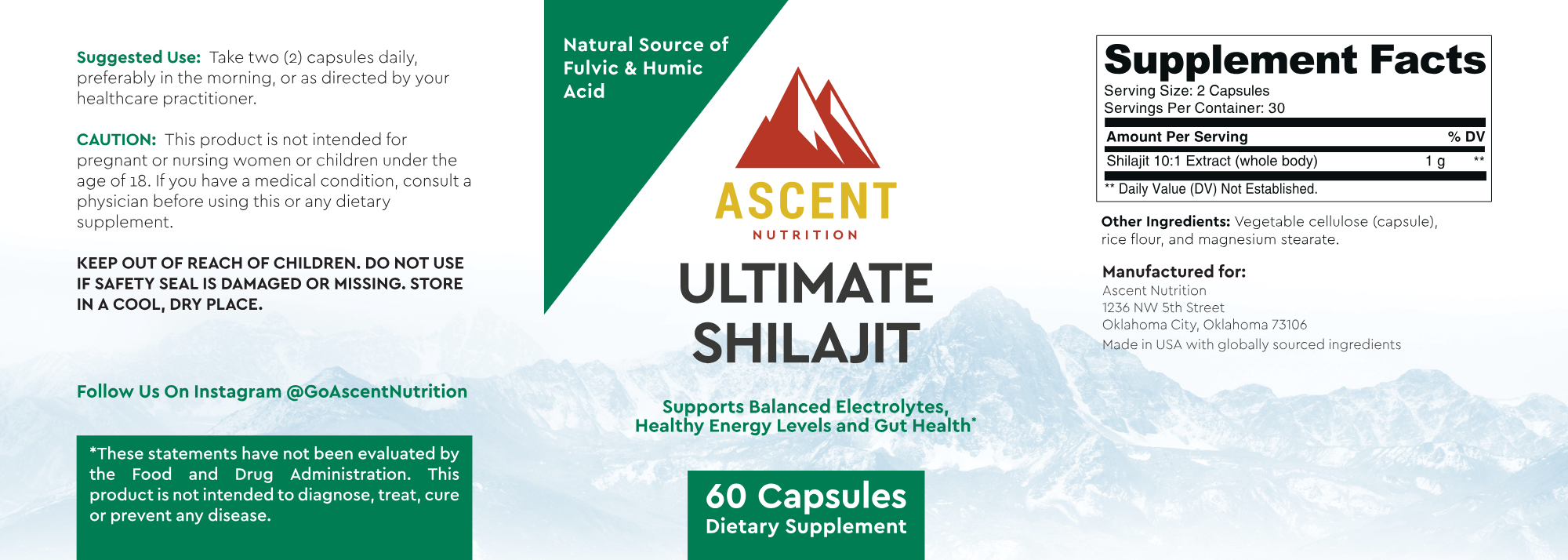 Ascent Nutrition promotes their Ultimate Shilajit supplement, highlighting its natural Fulvic and Humic Acid source, electrolyte balance, energy support, gut health benefits, and displaying supplement facts with capsule count and ingredients.
