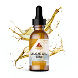 Ascent Nutrition presents its Algae Oil DHA supplement, featuring a dropper bottle with splashing oil promoting optimal health.
