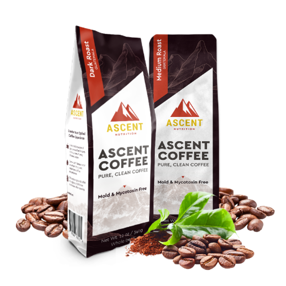 Ascent Nutrition showcases their Dark Roast and Medium Roast Guatemalan coffee beans, emphasizing their pure, clean, and mold-free qualities.

