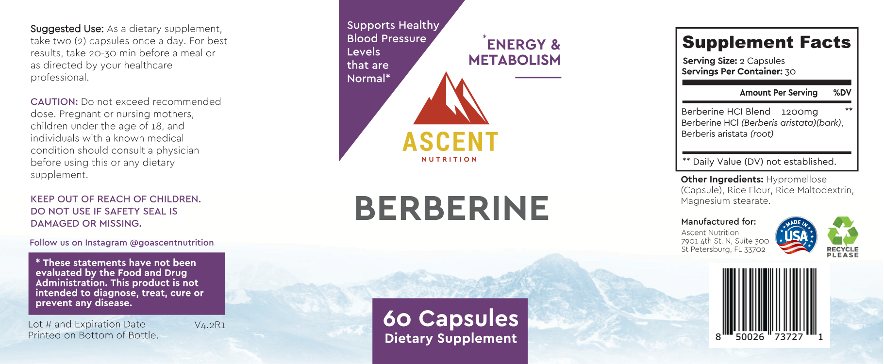 Ascent Nutrition promotes its Berberine dietary supplement, highlighting its potential to support healthy blood pressure, energy, and metabolism, as shown on the product's label with supplement facts and usage instructions.
