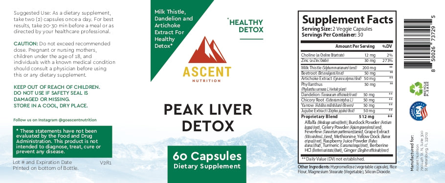 Examine a Peak Liver Detox supplement label, listing milk thistle, dandelion, and artichoke as key ingredients, detailing supplement facts and usage instructions.
