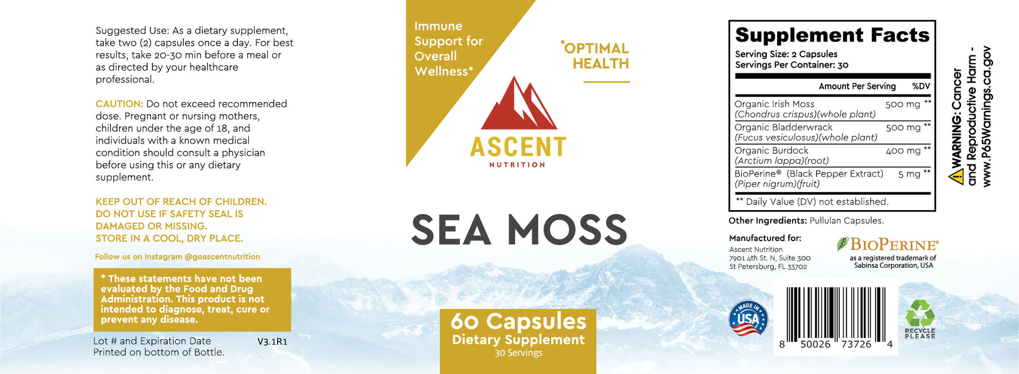 Ascent Nutrition's Sea Moss supplement label promotes immune support and optimal health with 60 capsules containing organic Irish moss, bladderwrack, burdock, and BioPerine.

