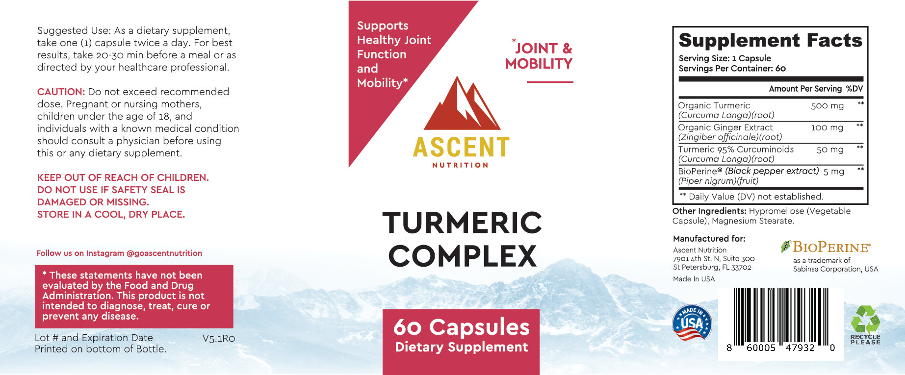 Ascent Nutrition's Turmeric Complex dietary supplement bottle promotes healthy joint function and mobility, containing organic turmeric, ginger extract, and BioPerine for enhanced absorption.
